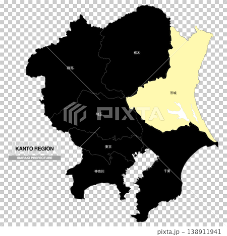 [日本地図] 関東地方の茨城県の都県名入り位置地図 138911941