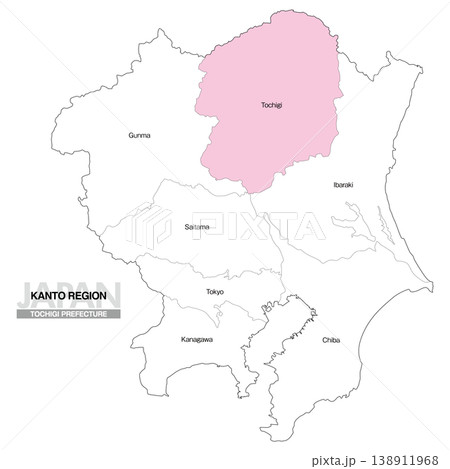 [日本地図] 関東地方の栃木の都県名入り位置地図 (英語) 138911968