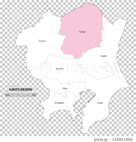 [日本地図] 関東地方の栃木の都県名入り位置地図 (英語) 138911968