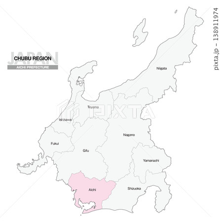 [日本地図] 中部地方の愛知県の県名入り位置地図 (英語) 138911974