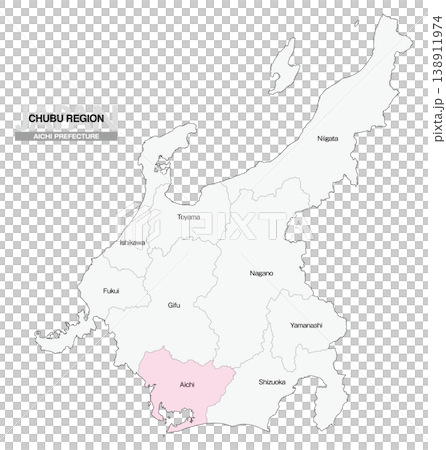 [日本地図] 中部地方の愛知県の県名入り位置地図 (英語) 138911974