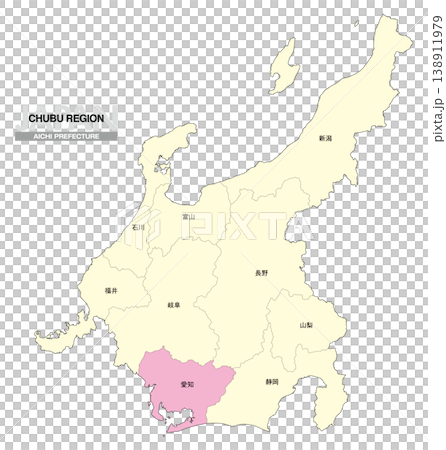【日本地圖】中部地區愛知縣的位置圖,包括縣名。 【日本地圖】中部地區愛知縣的位置圖,包括縣名。 138911979