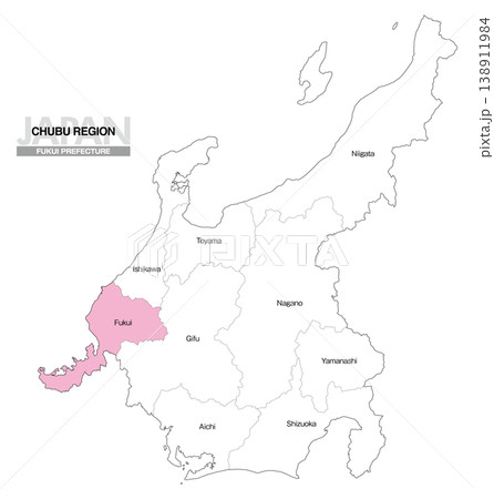 [日本地図] 中部地方の福井県の県名入り位置地図 (英語) 138911984