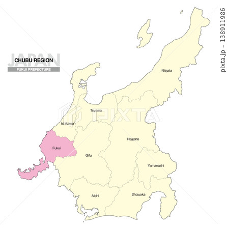 [日本地図] 中部地方の福井県の県名入り位置地図 (英語) 138911986