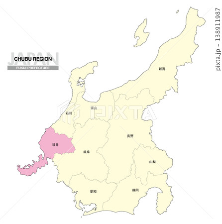 [日本地図] 中部地方の福井県の県名入り位置地図 138911987