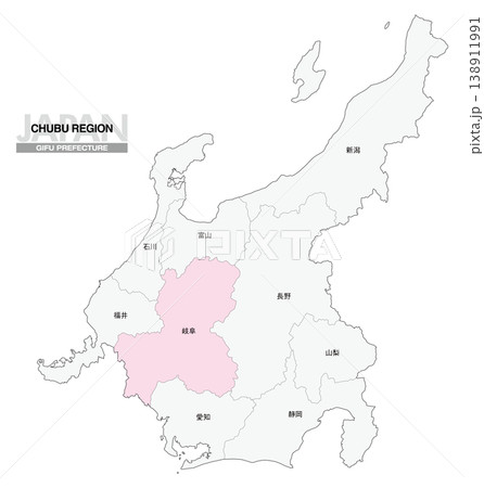 [日本地図] 中部地方の岐阜県の県名入り位置地図 138911991
