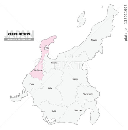 [日本地図] 中部地方の石川県の県名入り位置地図 (英語) 138911998