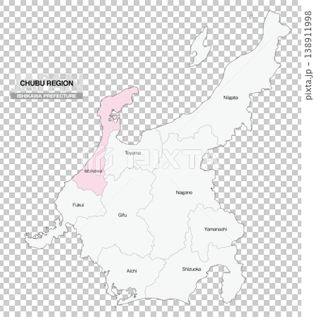 [日本地図] 中部地方の石川県の県名入り位置地図 (英語) 138911998