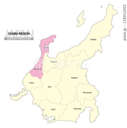 [日本地図] 中部地方の石川県の県名入り位置地図 (英語) 138912002