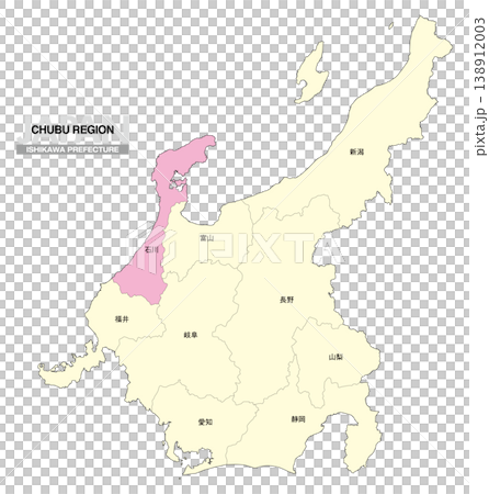 【日本地圖】中部地區石川縣位置圖,包括縣名。 【日本地圖】中部地區石川縣位置圖,包括縣名。 138912003