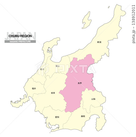 [日本地図] 中部地方の長野県の県名入り位置地図 138912011