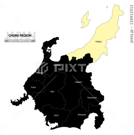 [日本地図] 中部地方の新潟県の県名入り位置地図 (英語) 138912012