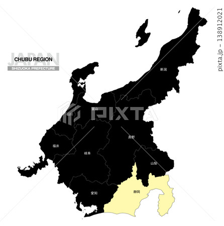 [日本地図] 中部地方の静岡県の県名入り位置地図 138912021
