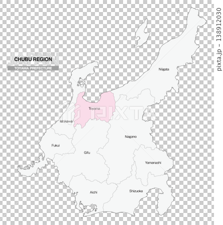 [日本地図] 中部地方の富山県の県名入り位置地図 (英語) 138912030