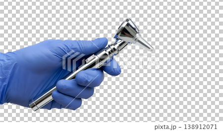 Hand holding a medical otoscope with a speculum tip and battery handle, isolated on transparent background, representing ear examination and clinical diagnostics Hand holding a medical otoscope with a speculum tip and battery handle, isolated on transparent background, representing ear examination and clinical diagnostics 138912071