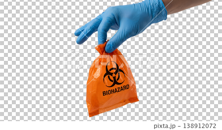 Gloved hand holding orange biohazard bag with the universal biohazard symbol, representing infectious waste disposal and laboratory safety protocols Gloved hand holding orange biohazard bag with the universal biohazard symbol, representing infectious waste disposal and laboratory safety protocols 138912072