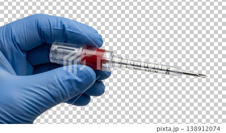 Gloved hand holding a thoracic decompression needle for tension pneumothorax treatment, representing emergency medicine and critical care Gloved hand holding a thoracic decompression needle for tension pneumothorax treatment, representing emergency medicine and critical care 138912074