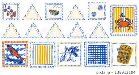 Italian summer postcard design with lemon pattern, vintage postage stamp frame, and Mediterranean seafood illustrations in watercolor crayon style 138912104