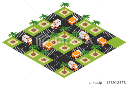 Delivery trucks driving on a road with palm trees in isometric view 138912378