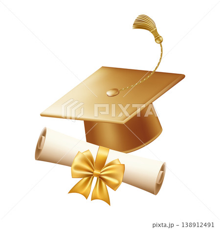 3d graduate cap with diploma scroll. Diploma with golden bow. 3d graduate cap with diploma scroll. Diploma with golden bow. 138912491