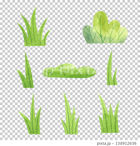 Green bushes and grasses, isolated watercolor set. Simple hand drawn children's illustrations of a green lawn. Bright, colorful plants, summer greenery. 138912636