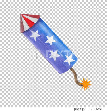 Firecracker, firework rocket with a lit fuse, decorated with stars. Hand drawn watercolor illustration, isolated. Festive decorative element for a surprise, event, or celebration. Firecracker, firework rocket with a lit fuse, decorated with stars. Hand drawn watercolor illustration, isolated. Festive decorative element for a surprise, event, or celebration. 138912638