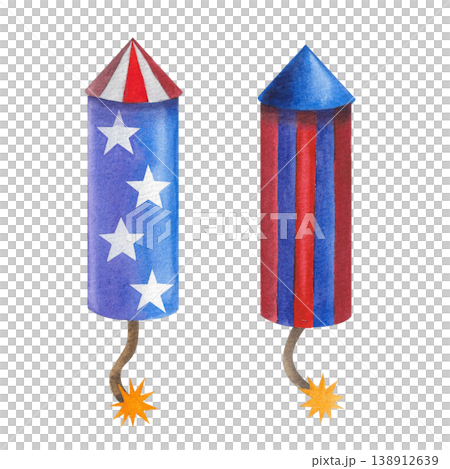 Firecracker, firework rocket with a burning fuse, decorated with stars. Hand drawn watercolor set, isolated. Festive decorative element for a surprise, event, or birthday. 138912639