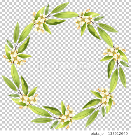Olive blossom branch, vibrant watercolor frame, isolated. Hand drawn, vibrant wreath with white flowers and lush greenery. Lush foliage for cards, prints. Olive blossom branch, vibrant watercolor frame, isolated. Hand drawn, vibrant wreath with white flowers and lush greenery. Lush foliage for cards, prints. 138912640