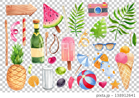 Hand drawn summer items: camera, sunglasses, ice cream. Set of watercolor illustrations on the beach theme, isolated. Summer icons and stickers. A collection of beach party-themed scrapbooking Hand drawn summer items: camera, sunglasses, ice cream. Set of watercolor illustrations on the beach theme, isolated. Summer icons and stickers. A collection of beach party-themed scrapbooking 138912641