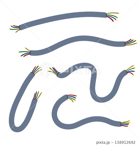 Power wire, grey electric cable set, energy supply line collection isolated. Electrical cord part, connection industrial technology element. Power wire energy equipment hardware. 138912692