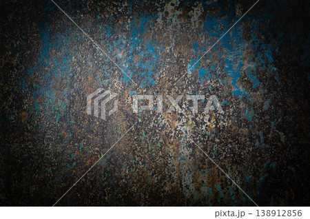 Rusty metal texture with blue paint peeling, grunge industrial background with copy space 138912856