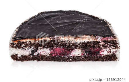 Chocolate cake cross section isolated on white background, layered dessert with berry filling 138912944
