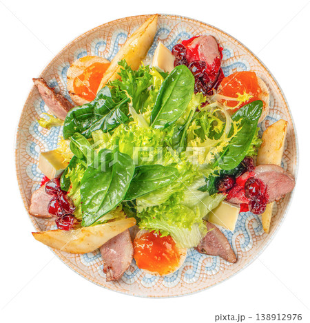 Salad with duck breast, pear, cheese and berry sauce on plate isolated on white background, top view Salad with duck breast, pear, cheese and berry sauce on plate isolated on white background, top view 138912976