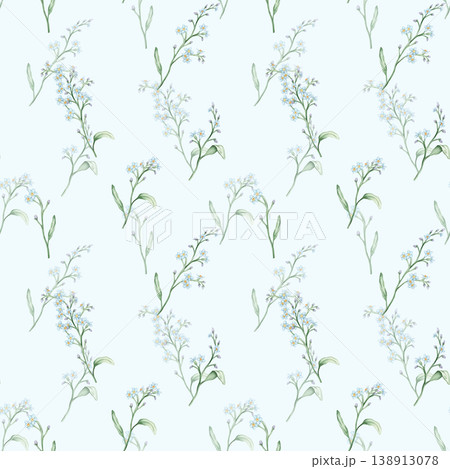 Watercolor seamless pattern with illustration green leaves and light blue forget-me-nots. Wildflowers herbs flowers. Wedding invites, fashion, prints, backgrounds. Mono floral pattern Watercolor seamless pattern with illustration green leaves and light blue forget-me-nots. Wildflowers herbs flowers. Wedding invites, fashion, prints, backgrounds. Mono floral pattern 138913078