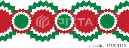 Italian flag bunting with red white and green rosette ribbon border design. A festive patriotic garland element for holiday decoration and celebration layouts isolated on white background 138913180