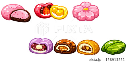 Japanese mochi and wagashi set. Pink cherry blossom and leaf sweets vector icons. 138913231