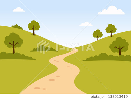 Winding dirt path in green hills landscape with trees and blue sky background. Winding dirt path in green hills landscape with trees and blue sky background. 138913419
