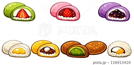 Assorted Japanese mochi and daifuku with fruit fillings. Vector icons set 138913420