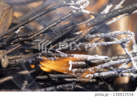 branches and logs burning in a campfire in the park, night time 138913558