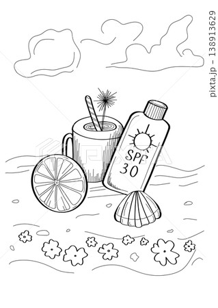 Beach essentials sketch with SPF sunscreen bottle cocktail and sea shell outline on a transparent background Beach essentials sketch with SPF sunscreen bottle cocktail and sea shell outline on a transparent background 138913629