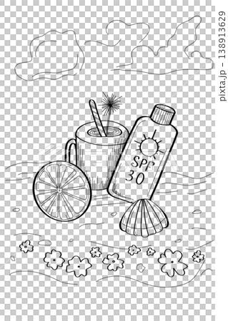 Beach essentials sketch with SPF sunscreen bottle cocktail and sea shell outline on a transparent background Beach essentials sketch with SPF sunscreen bottle cocktail and sea shell outline on a transparent background 138913629