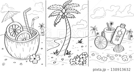 Hand drawn tropical summer collection with coconut cocktail palm tree and beach essentials line art on a transparent background 138913632