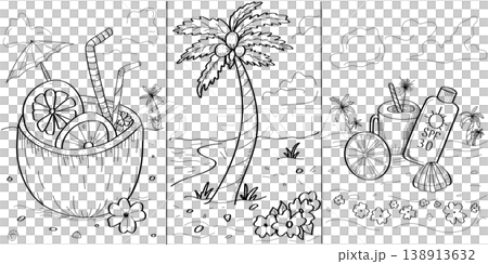 Hand drawn tropical summer collection with coconut cocktail palm tree and beach essentials line art on a transparent background 138913632