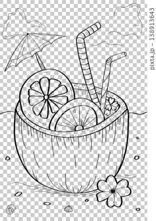 Hand drawn summer coconut cocktail with tropical fruit slices and paper umbrella outline on a transparent background 138913643