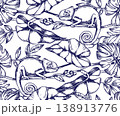 Seamless tropical pattern with plant leaves and chameleon lizard. vector illustration in sketch style 138913776