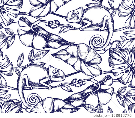 Seamless tropical pattern with plant leaves and chameleon lizard. vector illustration in sketch style 138913776