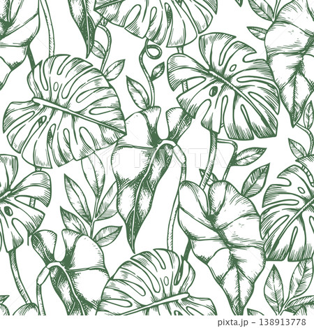 Seamless pattern with tropical palm and monstera leaves. vector illustration in sketch style 138913778