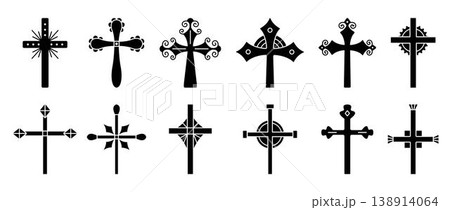 Christian cross black icon set. Monochrome solid decorative sign collection, isolated religious symbols, elegant various cliparts 138914064