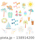 夏のアイコンセット｜スイカ・花火・ヨットなどかわいいフラットイラスト 138914200