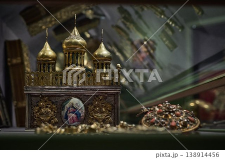 Ornate Orthodox church chalice with icon of Jesus Christ, religious liturgical object close up 138914456